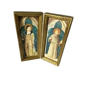 Vintage 50s 60s Gold Gilt Box 2 Saints Inside Made in Italy Religious Christian